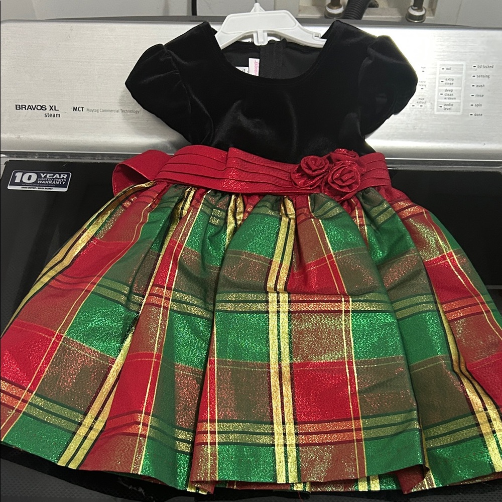 Girls 3T Christmas tartan plaid velvet fancy formal lined dress sparkle shine